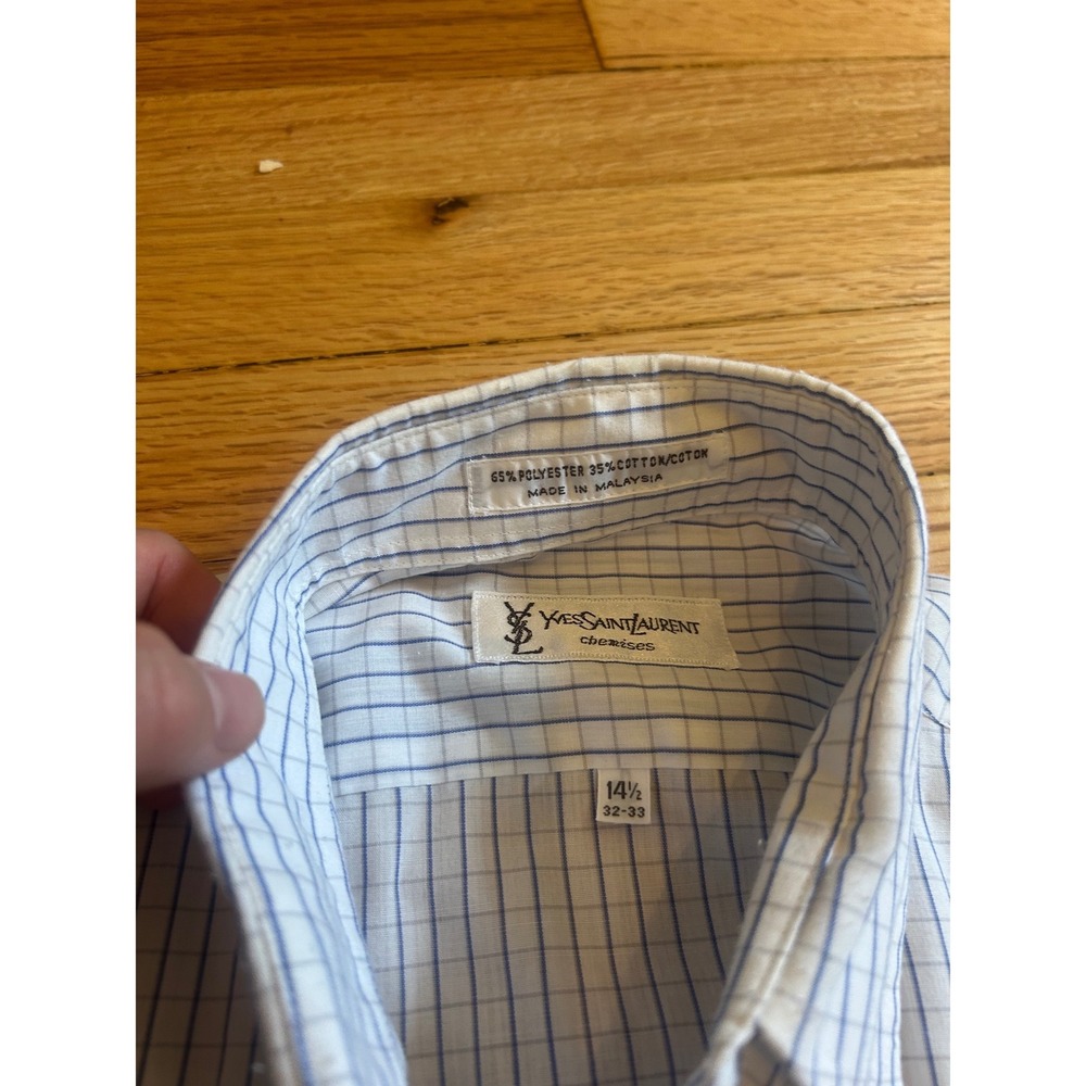 Yves Saint Laurent Chemises Mens 14.5 32-33 Blue White Grid Check Dress Shirt - Picture 2 of 5